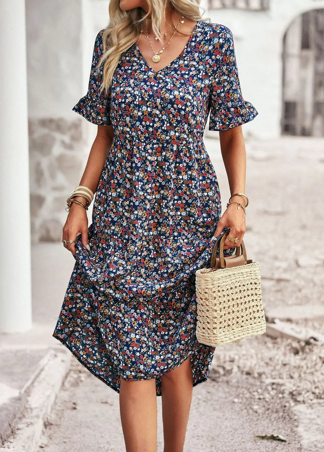 Brianne - Elegant floral print V-neck dress with short ruffle sleeves