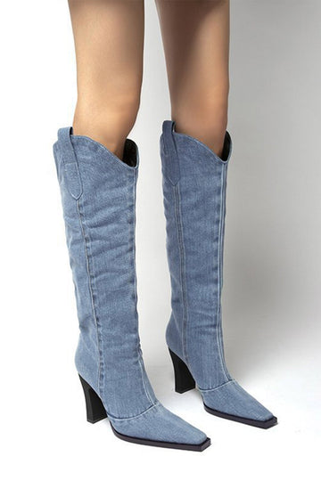 Demi - blue pointed-toe knee-high denim boots