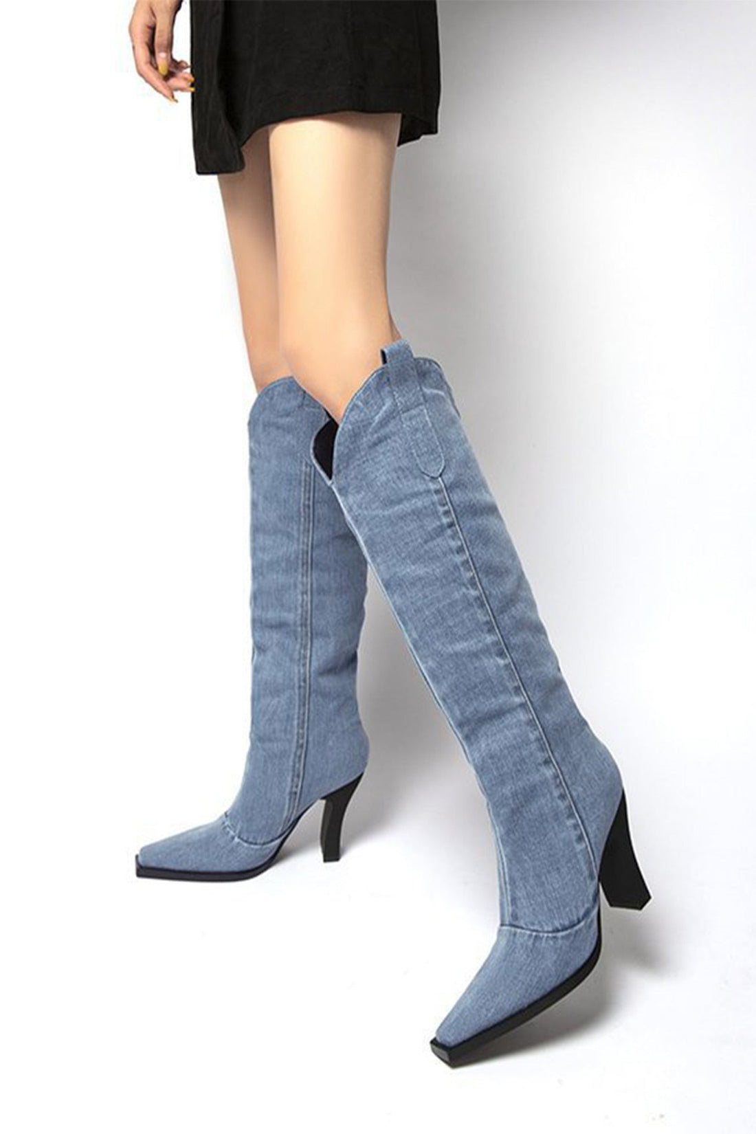 Demi - blue pointed-toe knee-high denim boots