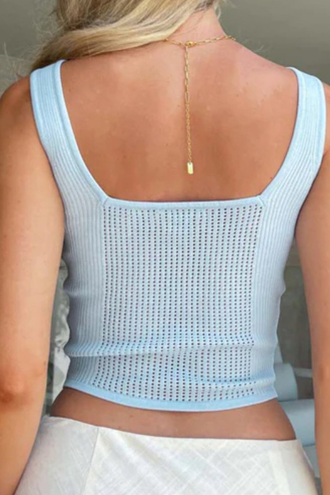 Loraine - blue ribbed knit patchwork tank top