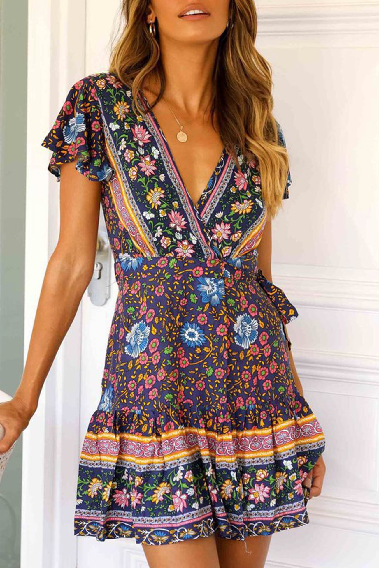 Elise - bohemian v neck tie-waist slit mini dress