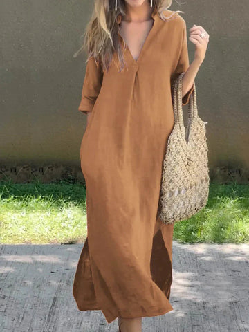 Janela - Casual loose comfortable deep V-neck half-sleeve dress