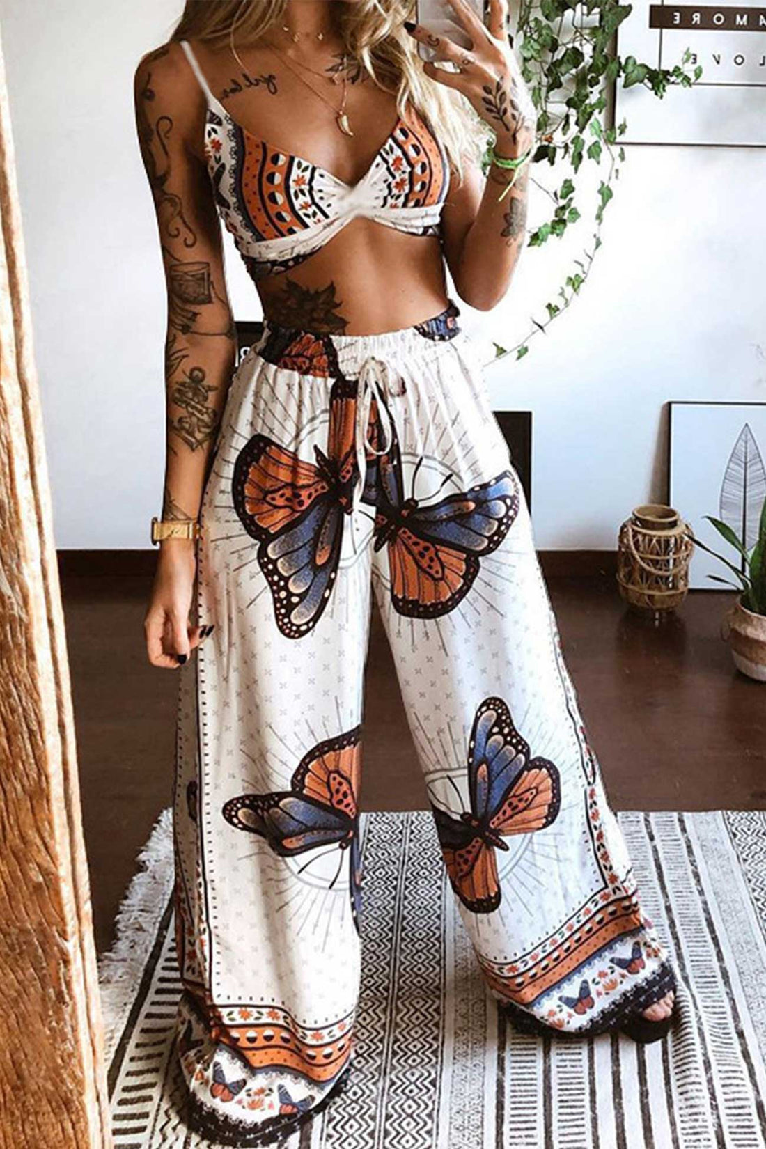 Paige - butterfly print twisted crop top & wide leg pants set