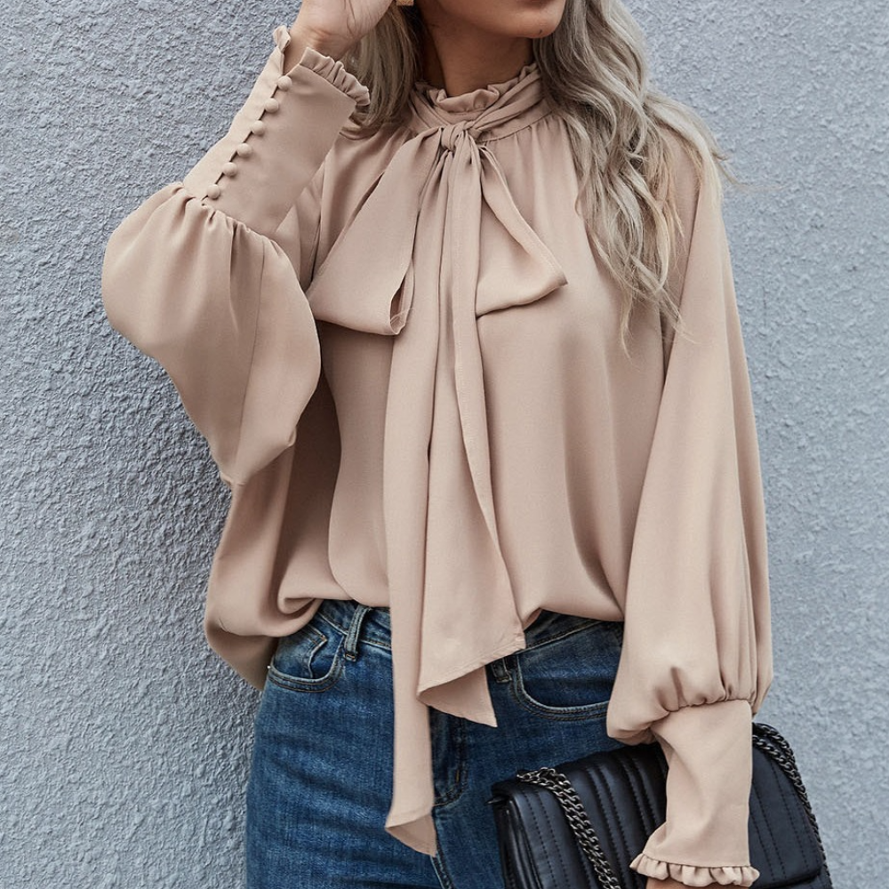 Yvessa - Elegant loose tie-neck long-sleeve blouse