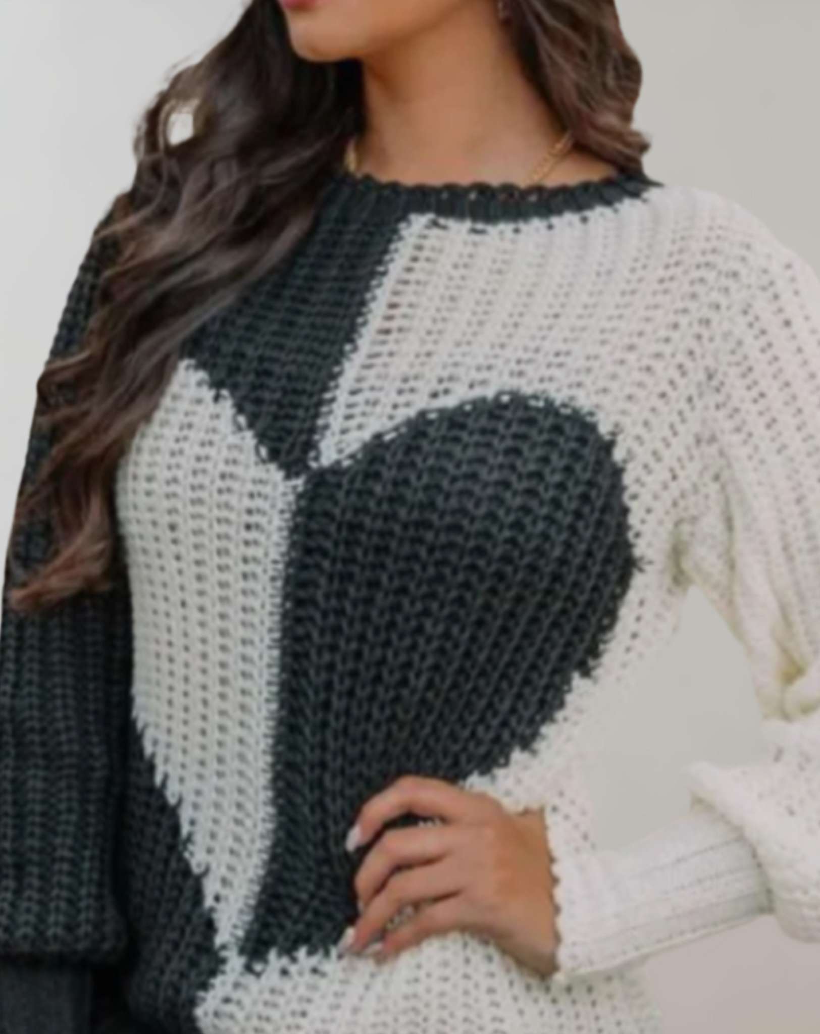 Coleen - Casual Two-Tone Knit Sweater with Heart Pattern