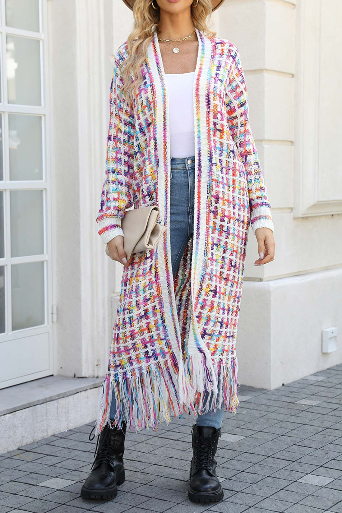 Laura - contrast fringe hem open front long cardigan