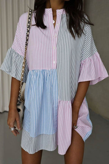 Kimberly - contrast striped flares sleeve shirt dress