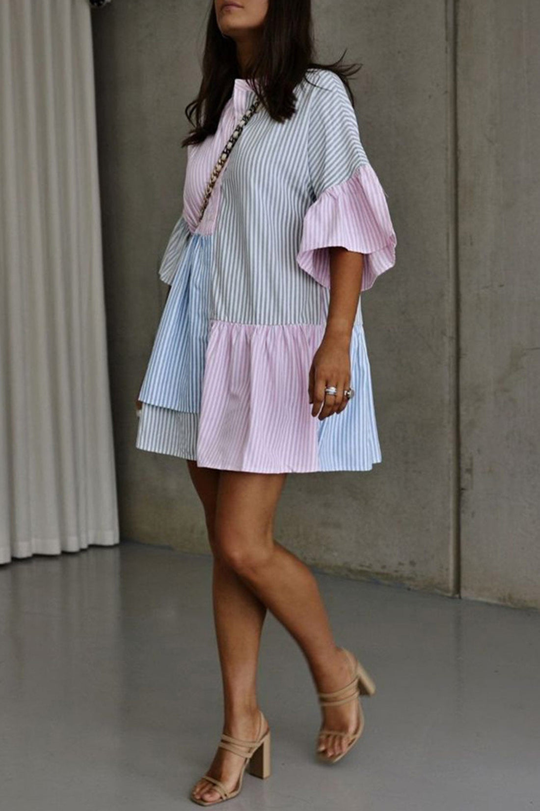 Kimberly - contrast striped flares sleeve shirt dress