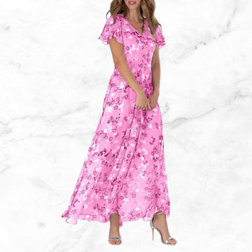 Roswen - Elegant floral V-neck ruffle maxi dress