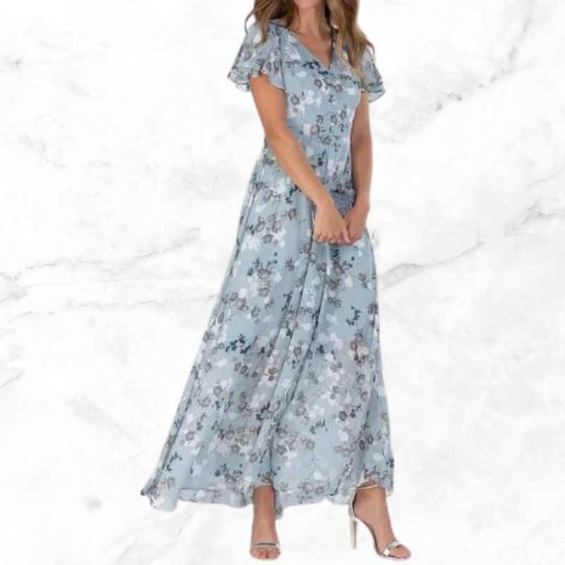 Roswen - Elegant floral V-neck ruffle maxi dress