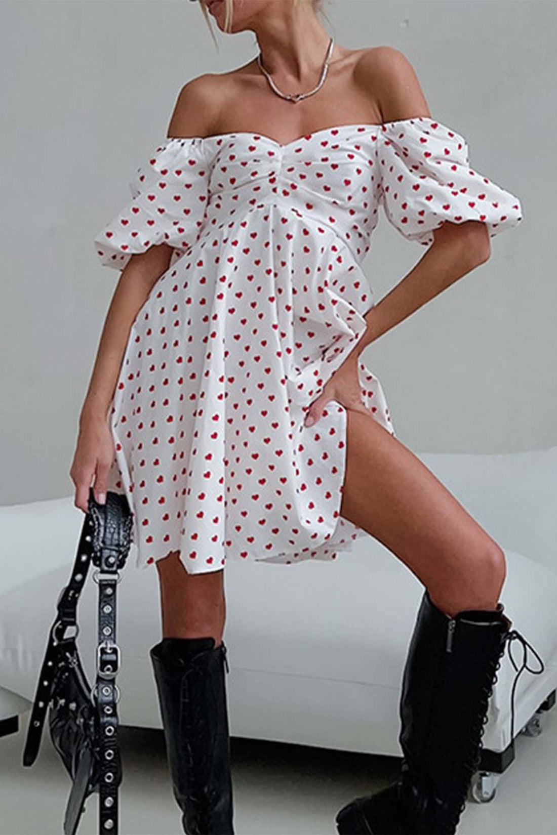 Freyah - heart printed off-shoulder puff sleeve mini dress