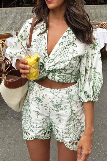 Elle - hollow embroidery v neck twisted shorts set