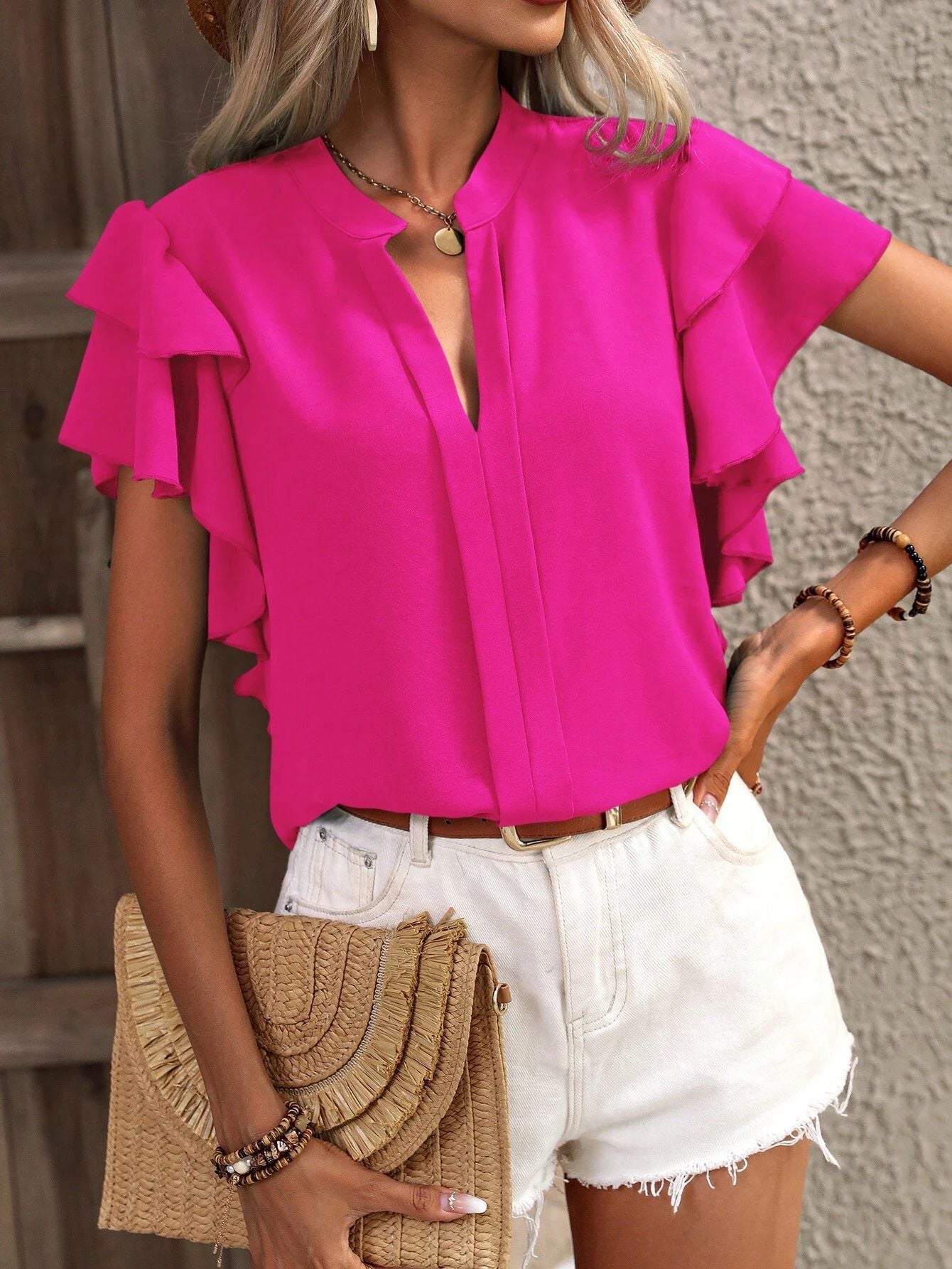 Blessie - Elegant stylish short-sleeve ruffle blouse