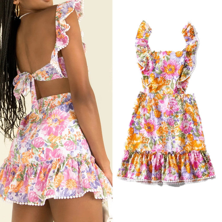 Olivia -floral ruffle back-tie mini dress