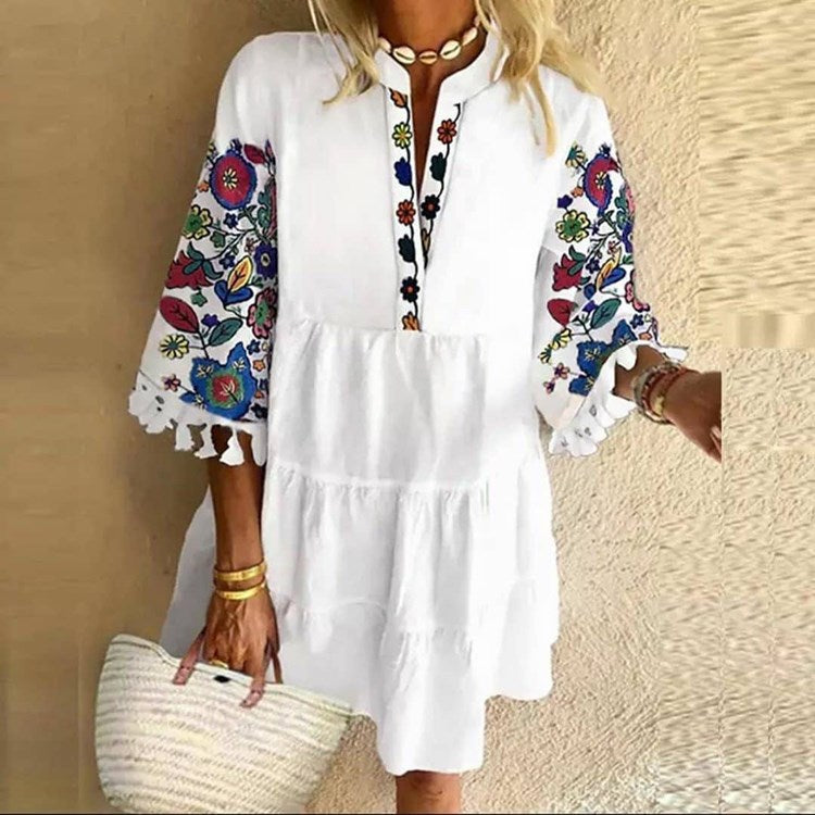 Maya - playful printed tassel V-neck short dress