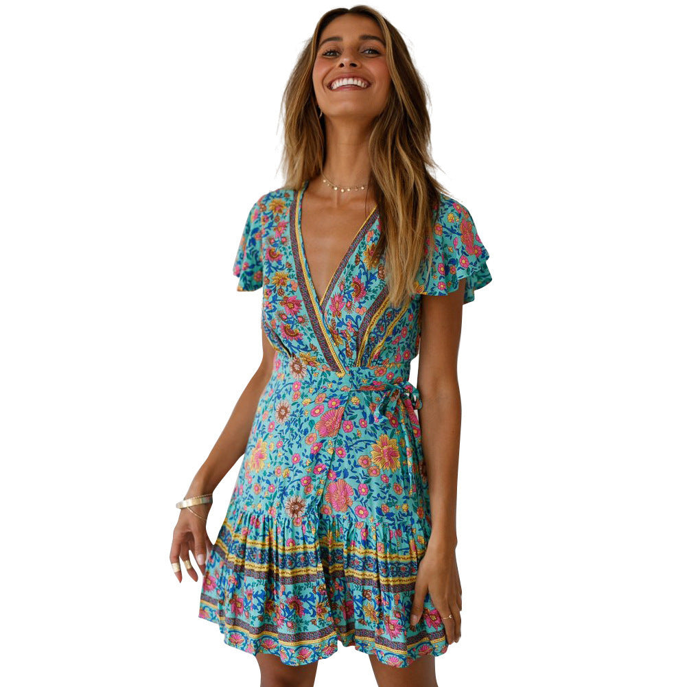 Dina - Short Sleeve V-Neck Printed Dress