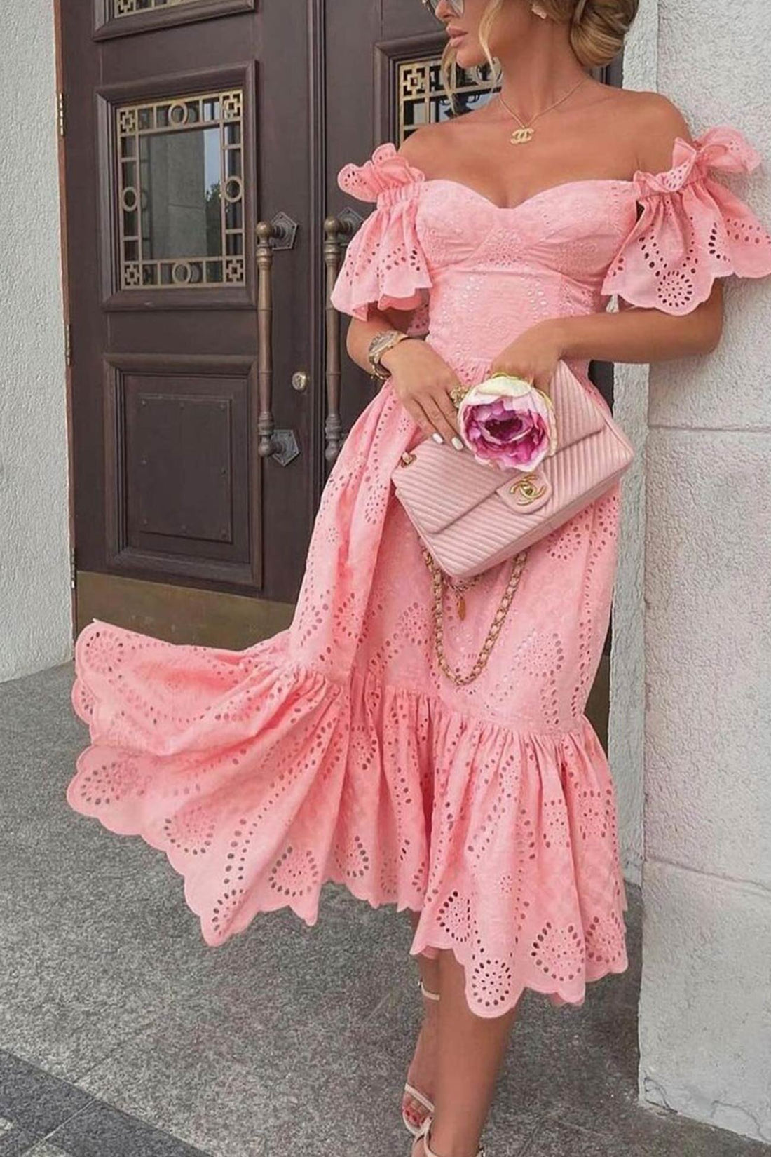 Erin - off-shoulder hollow out ruffle dress