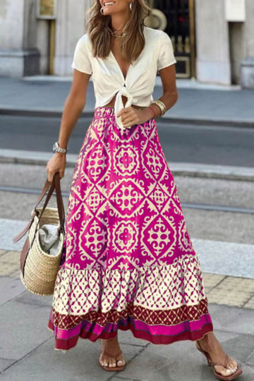 Cassie - retro print ruched midi skirt