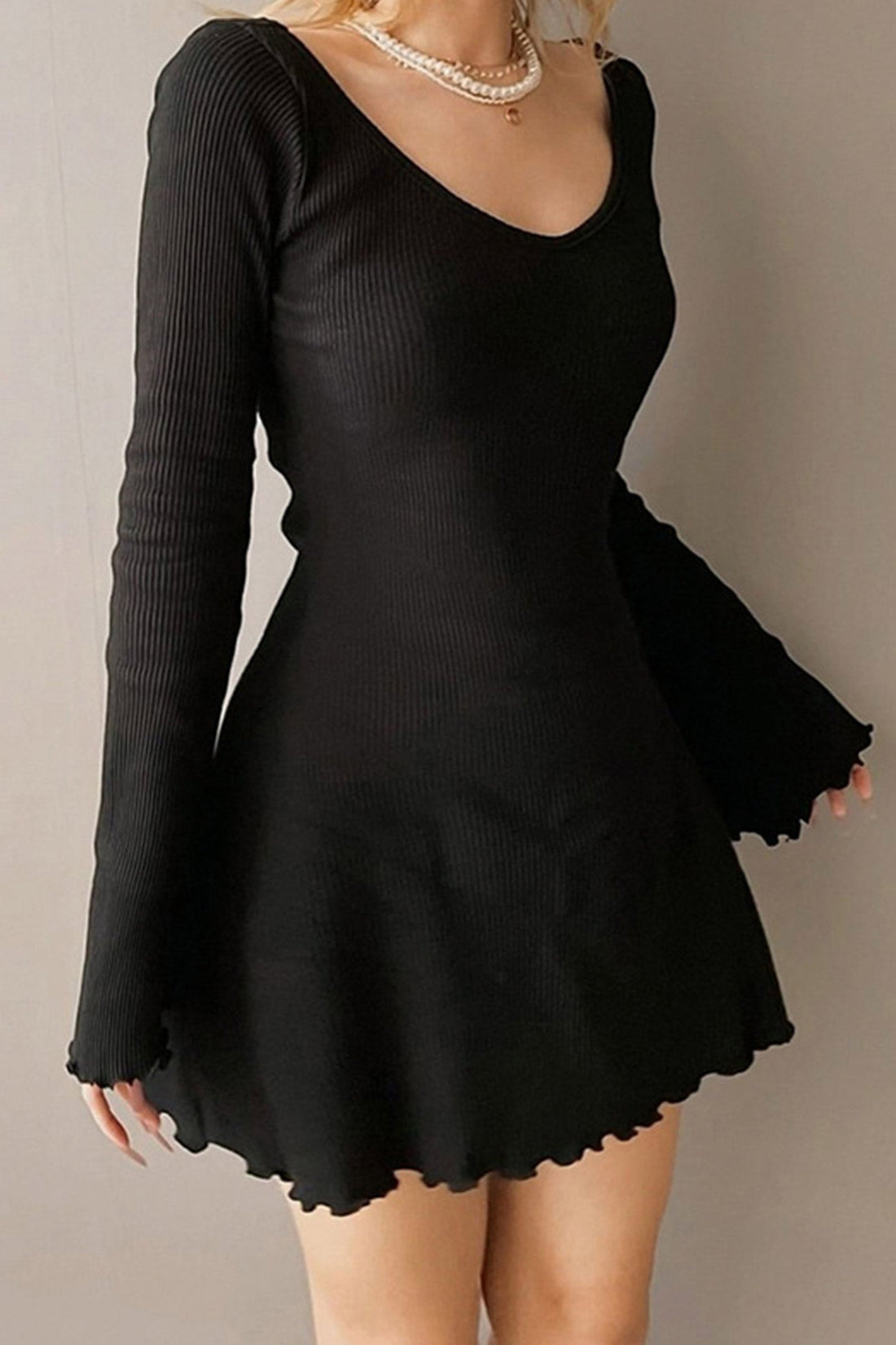 Darlene - round neck long sleeve lace hem dress