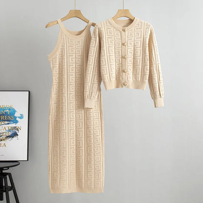 Zianna - Elegant knitted geometric dress and cardigan set