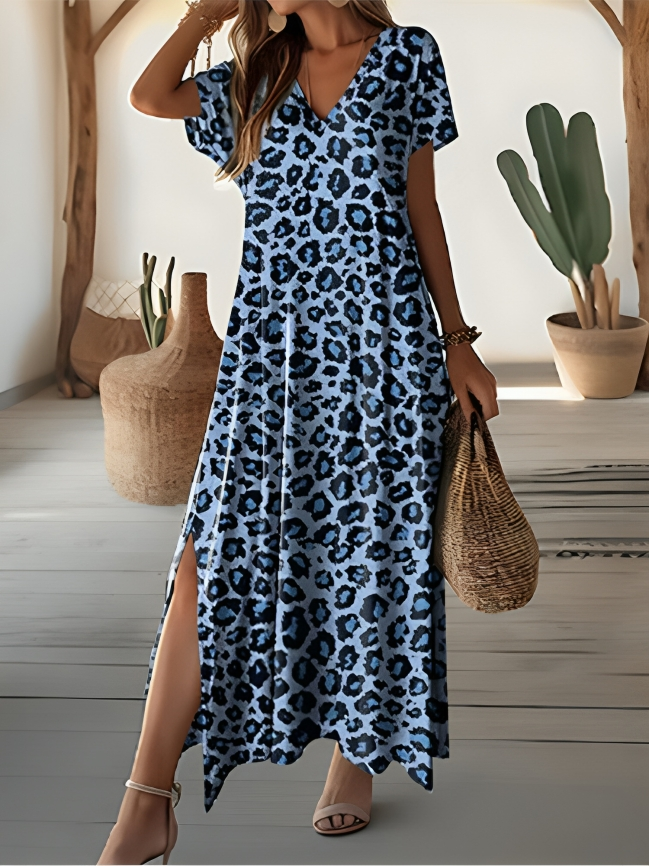 Quantina - Stylish leopard print short-sleeve V-neck maxi dress