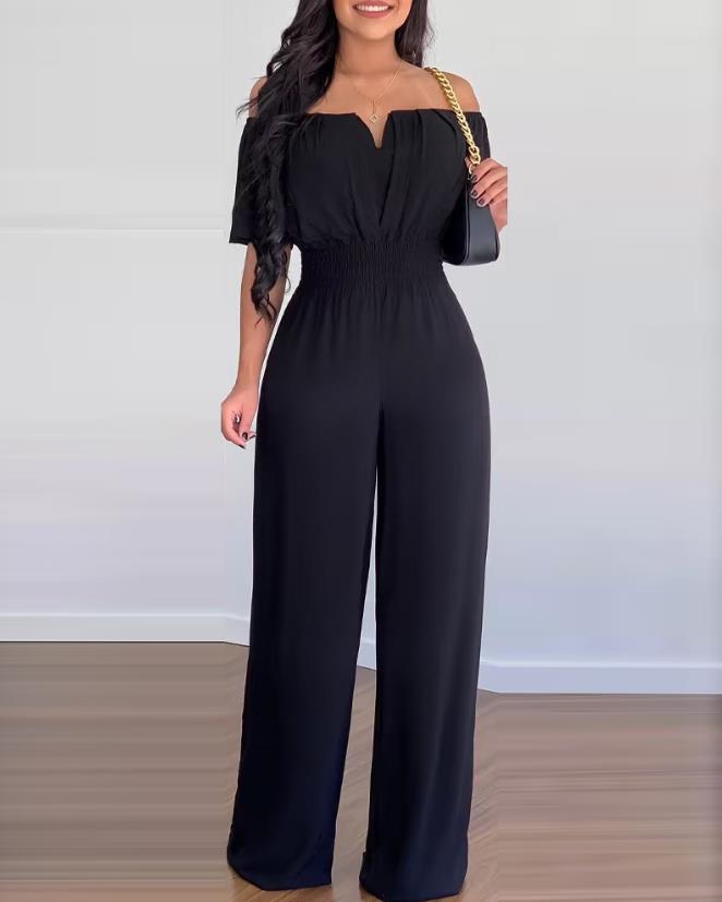 Elle - Elegant off-the-shoulder short-sleeve jumpsuit