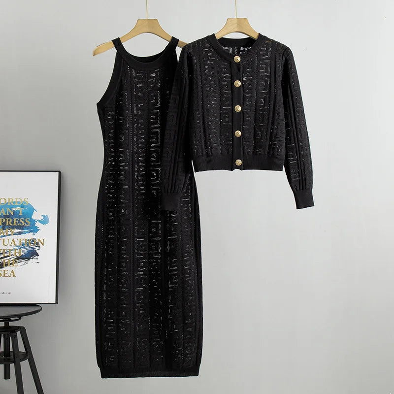 Zianna - Elegant knitted geometric dress and cardigan set