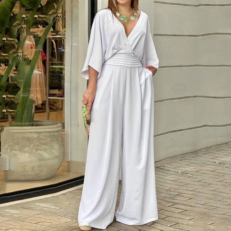 Manuela - Elegant loose deep V-neck batwing sleeve wide-leg jumpsuit