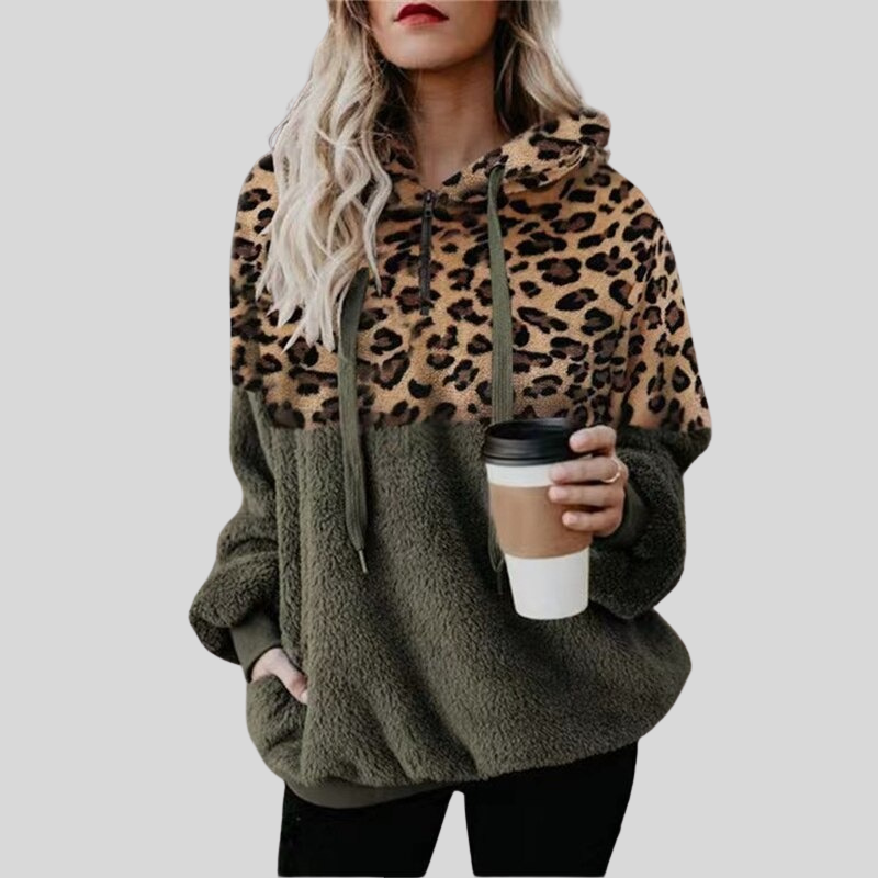 Carmen - Women's loose plush leopard print hooded jacket