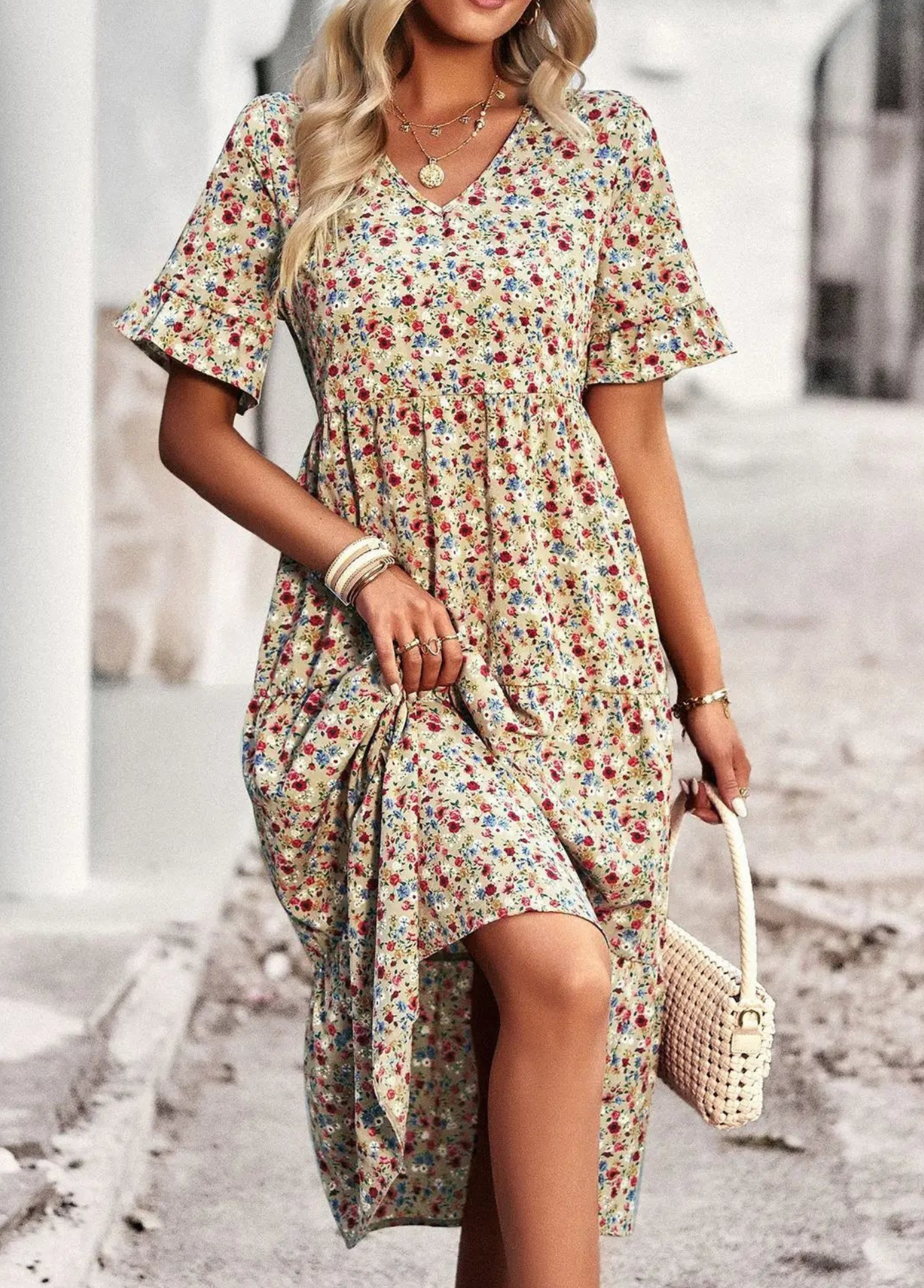 Brianne - Elegant floral print V-neck dress with short ruffle sleeves