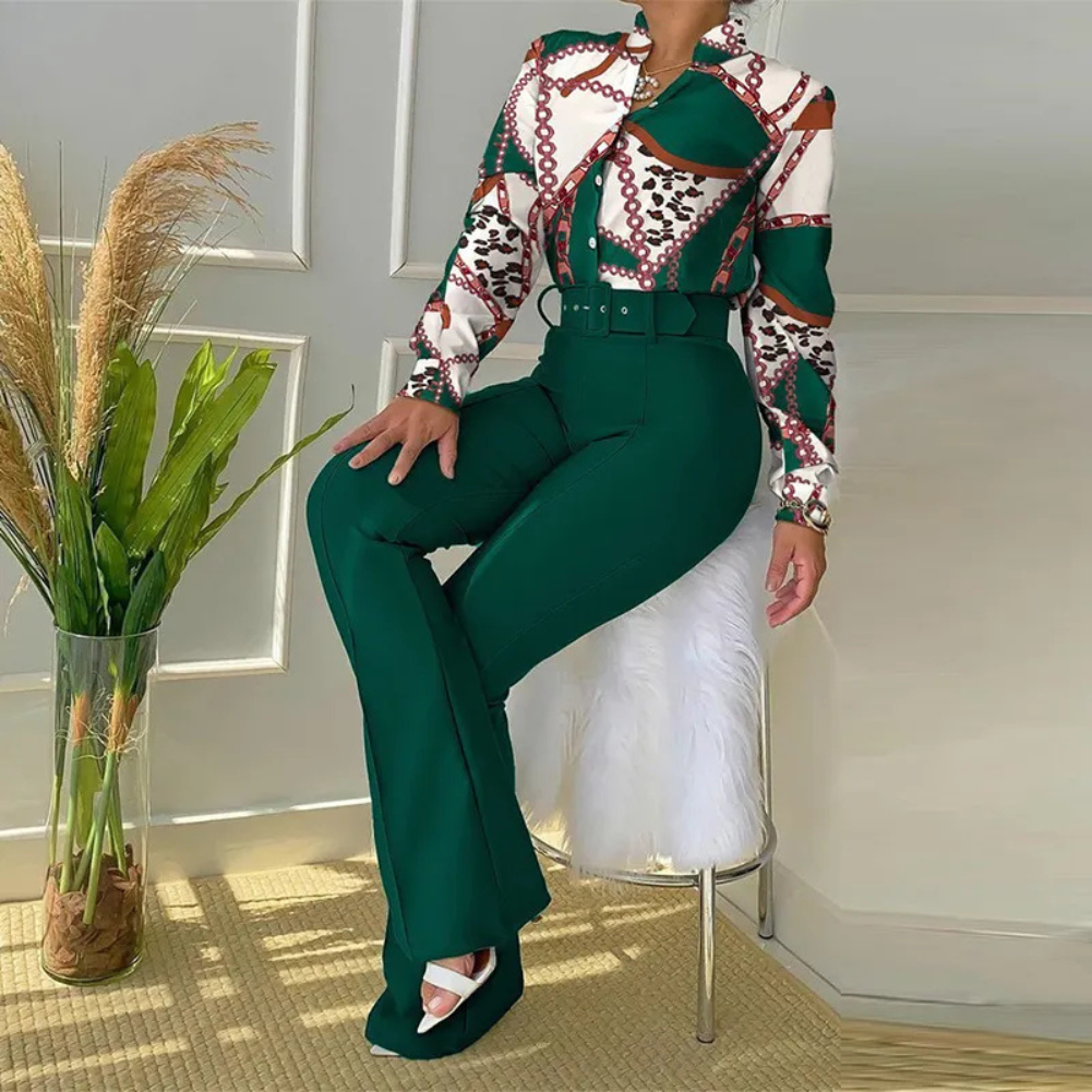 Lennea - Elegant printed polo long-sleeve blouse and trousers set