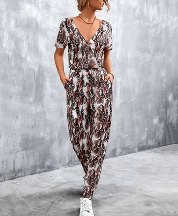 Olivette - Chic deep V-neck stylish print jumpsuit