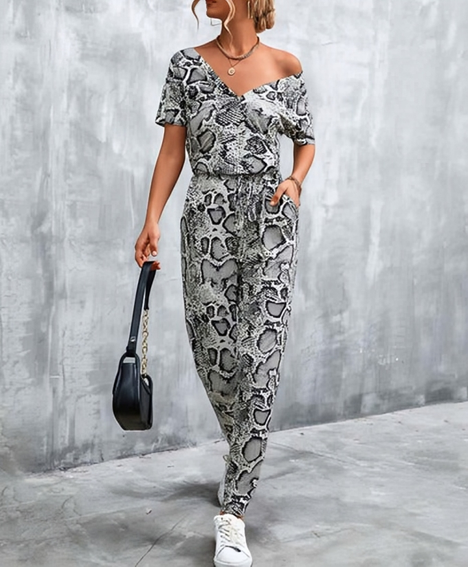 Olivette - Chic deep V-neck stylish print jumpsuit