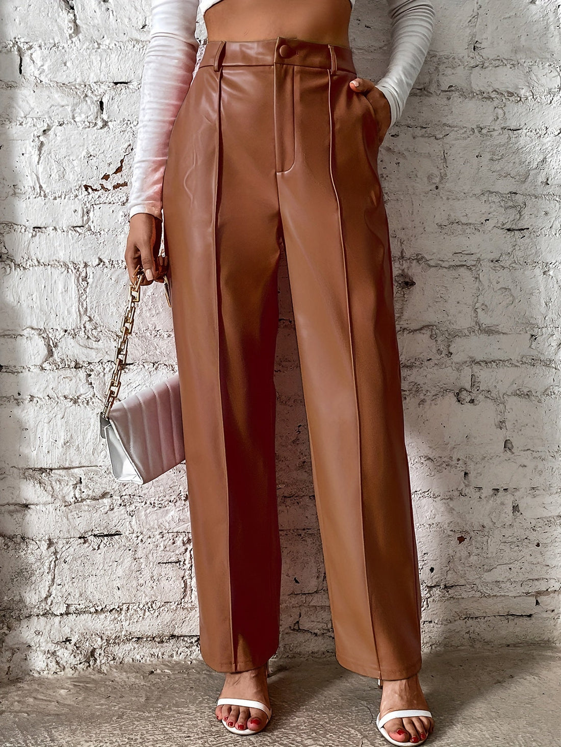 Shanelle - High-waisted straight-leg leather trousers