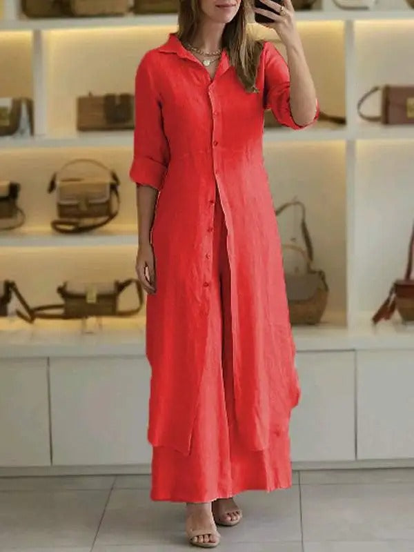 Sunniva - Casual linen long button dress and wide-leg trousers set