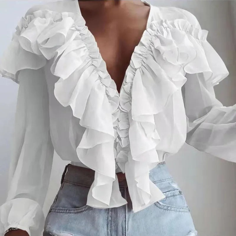 Nychelle - Stylish deep V-neck long-sleeve ruffle blouse