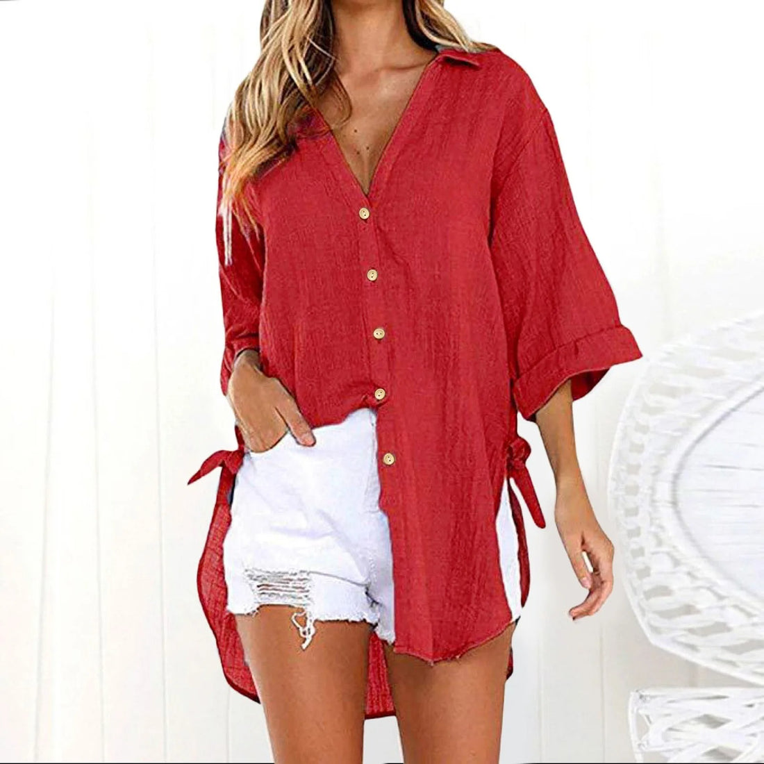 Karmella - Casual loose button-up V-neck blouse