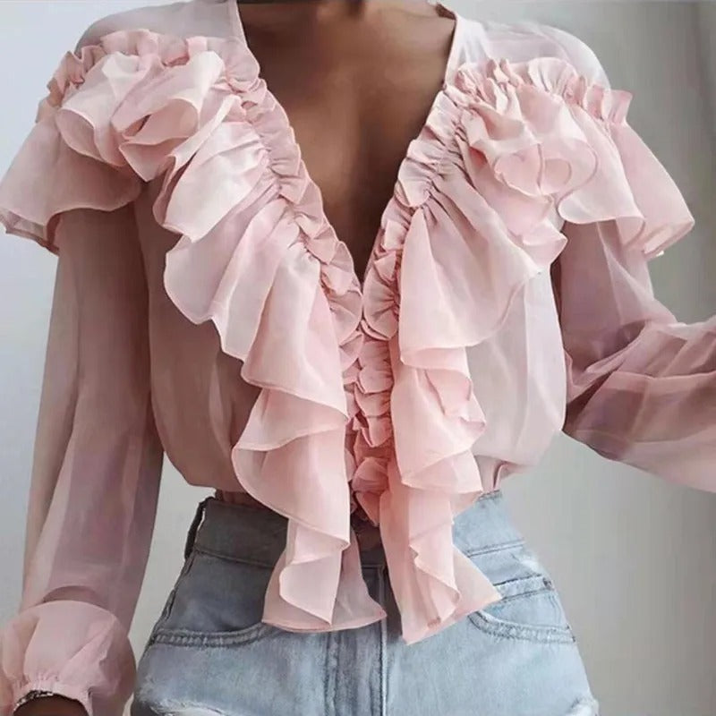 Nychelle - Stylish deep V-neck long-sleeve ruffle blouse