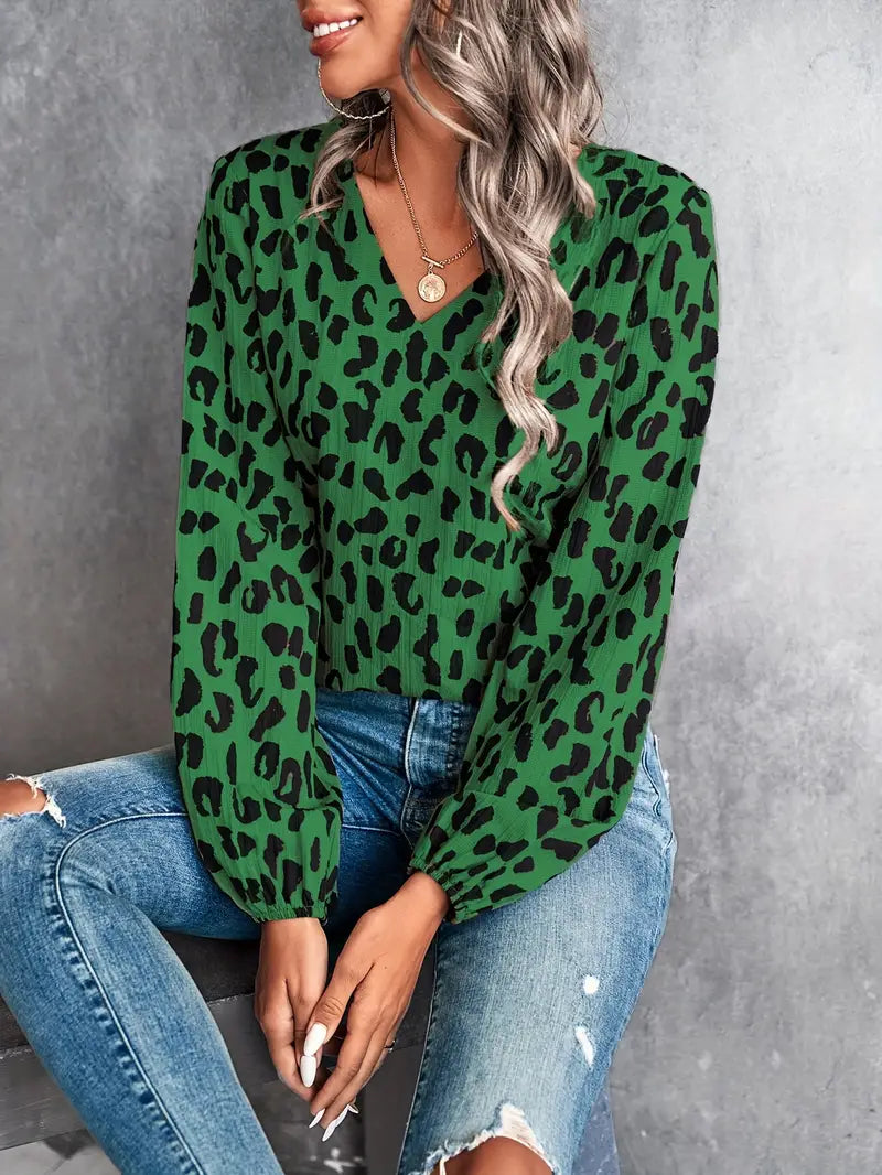 April - Casual leopard print v-neck long-sleeve blouse