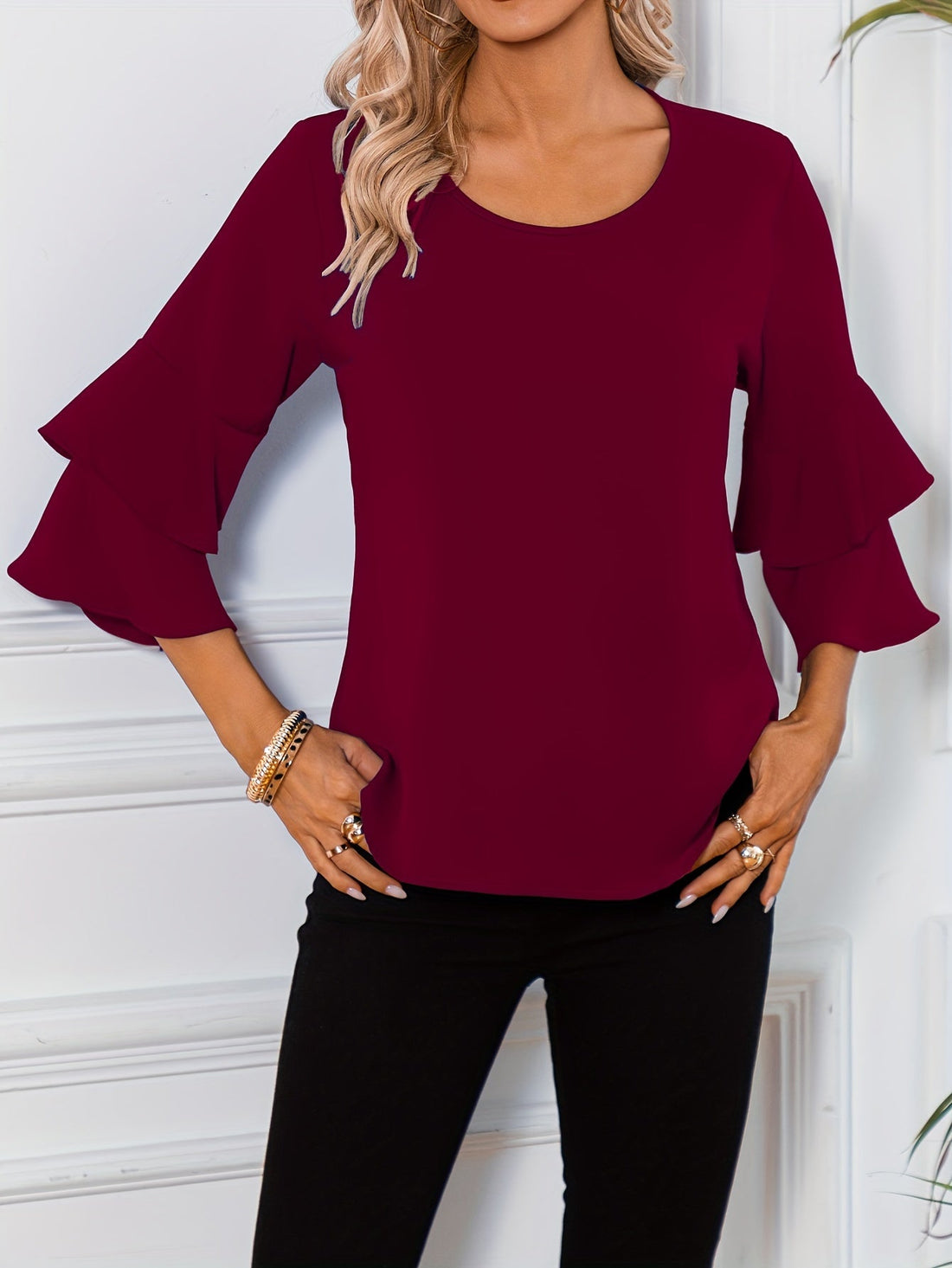 Maristella - Stylish round-neck ruffle-sleeve blouse