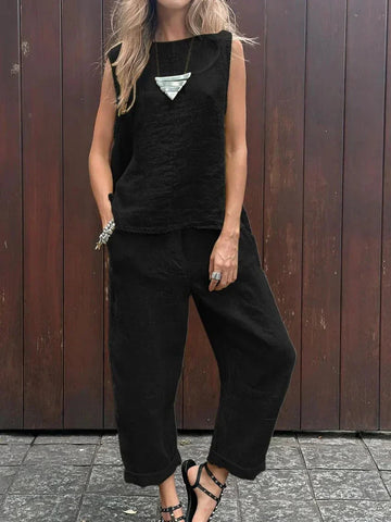 Trixie - Casual cotton-linen sleeveless top and trousers set