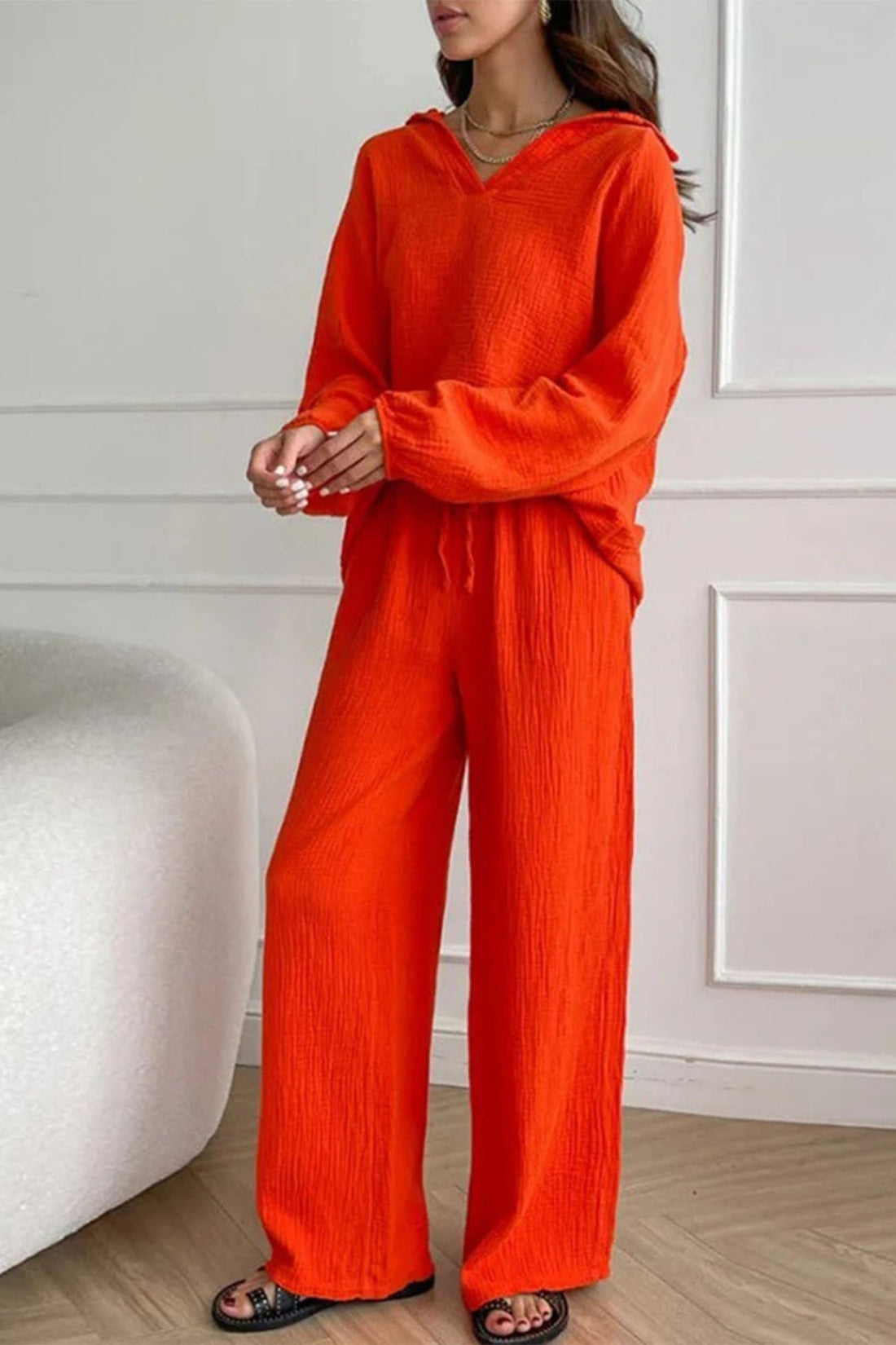 Neri - lapel drawstring wide leg pants two-piece set